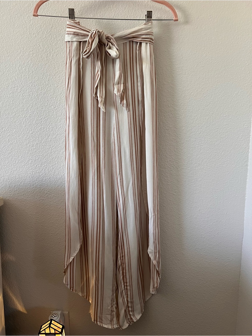 American Rag Striped Tie-Waist Wide Leg Pants Side Slit Beach - Cream & Brown
